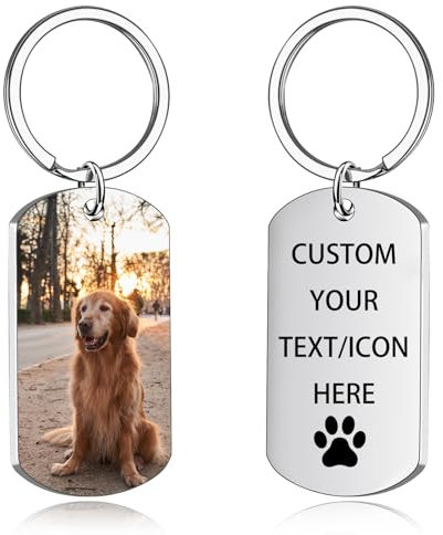 Personalized Text & Fotogravur Edelstahl Dog Tag Schlüsselanhänger Erkennungsmarke Schlüsselanhänger Personalisiert mit Foto Personalisierte Geschenke für Männer, Frauen silver One Size