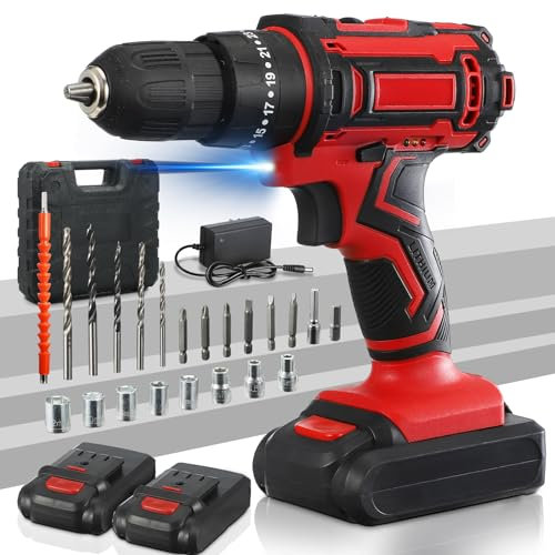 ADWOLT Akku Bohrmaschine,23Stück Akkuschrauber Set,21V 2000mAH Akku Bohrschrauber 0-45Nm Drehmoment,25+1 Drehmomentstufen,Akku Bohrmaschine mit LED-Licht,Für Reparatur & Haus DIY