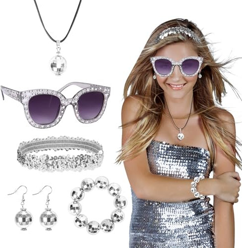 LOPOTIN 5TLG 70er Jahre Outfit Damen Disco Outfit Damen Abba Kostüm Damen 80er jahre Accessoires Hippie Accessoires Bekleidung Haarband Sonnenbrille für 1980s 1970s 60er Halloween Karneval Fasching