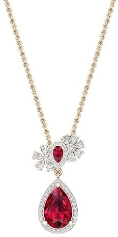 DazzlingRock Collection Pear Lab Created Ruby, Pear & Round White Diamond Teardrop Pendant Necklace in 14K Solid Rose Gold