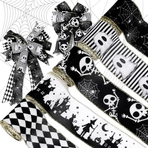 JarThenaAMCS Halloween-Band mit Drahtrand, 6,3 cm, 2,5 m, Geister-Skelett, Spinnennetz-Band, weiß/schwarz, gruseliges Geschenkband für Schleife, Kranz, Basteln, Party-Dekoration, 5 Rollen