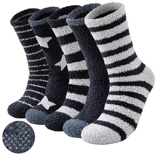 Niorasen 5 Pairs Fluffy Slipper Socks with Grippers for Men,Thermal Thick Winter Warm Fleece Socks, Non Slip Cosy Bed & Floor Socks for Home, Size 5-11