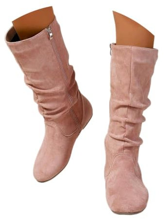 Onsoyours Stivali Alti Donna Stivaletti in Pelle Scamosciata Boots con Zip Stivali Lungo Stivaletti Eleganti Autunnali Invernali Comode con Tacco Piatto A Rosa 38 EU