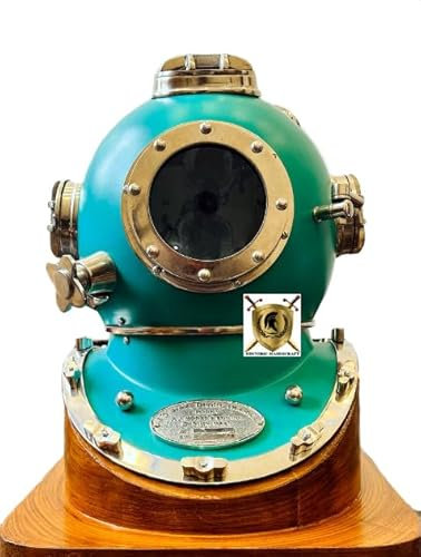 Sea Green Tauchhelm Mark V Navy Scuba Diving Helm mit Holzsockel ~ Maritimes Schiff Dekorativer Helm ~ Vintage Replik Beste Dekoration Geschenk