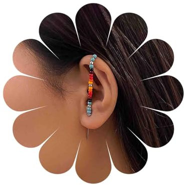 TseenYi Seed Bead Ear Wrap Crawler Hook Needle Earrings Colorful Bead Cuff Hook Earrings Beaded Truquoise Needle Piercing Climber Earrings Silver Long Bar Piercing Ear Climbers Hook Earrings