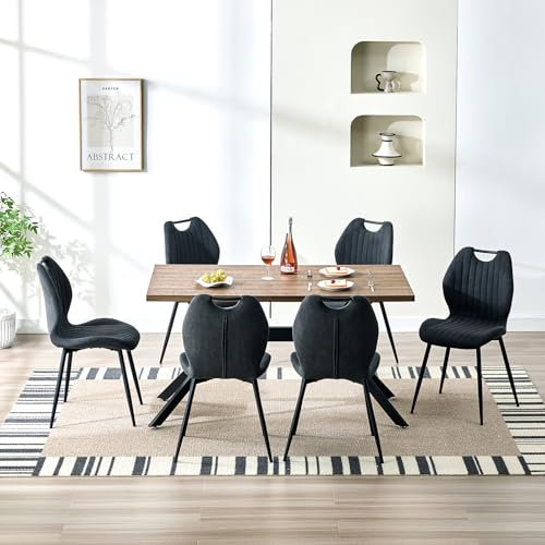 LEWE Esszimmergruppe Esstisch mit 6 Stühlen, 140 x 80 x 76 cm Rechteckig Esstisch aus Holz mit 6 Esszimmerstühle mit Hohe Rückenlehne, Schwarz Eisenbeine, für Küche Esszimmer und Wohnzimmer
