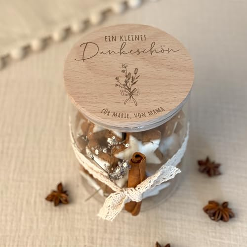 hellomini Personalisiertes Vorratsglas mit Holzdeckel, Keksdose mit Gravur, Geschenk zu Weihnachten, Keksglas mit Buchenholz Deckel, Zwei Größen (Blumenstrauß Gravur, 1000ml)