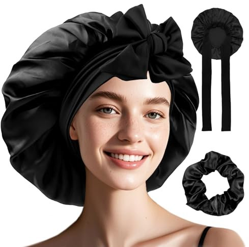 Shyllin Haar Schlafhaube, 2 Pack Haarhaube fur Die Nacht mit Haargummi, Satin Haube zum Schlafen, Geeignet fur Die TäGliche Pflege, Haarhaube Seide, Frauen Schlafhaube Haare SchüTzen (Schwarz)