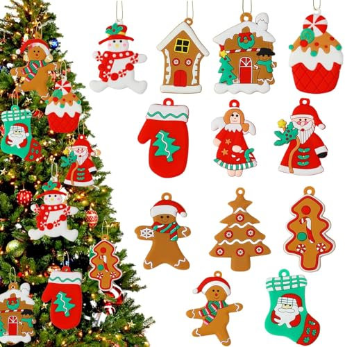 12 pcs Assorted Santa Claus Snowman, Santa Christmas Tree Decorations Christmas Gingerbread Ornaments Ginger Man Clay Figurine with Strings Christmas Tree Decor for Xmas Tree Decorations