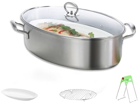 Edelstahl Fisch Dampfgarer Set Großer Dampfgarer Topf zum Dämpfen von Fisch, Kochen von Suppe Multi-Use Oval Kochgeschirr mit Glasdeckel, Gestell, Pfanne, Chuck