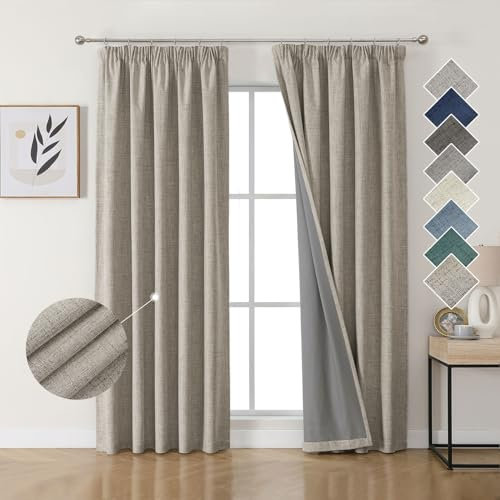 Joydeco 100% Blackout Curtains Bedroom 46 x 90 Inch Drop, Faux Linen Pencil Pleat Thermal Insulated Drapes with Coating Back Layers for Room Darkening Privacy Protection, 2 Panels, Linen Colour