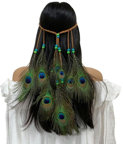 Damen Hippie Boho Haarband Haarschmuck Hippie Kostüm Indianer Stirnband Vintage Kopfschmuck Damen StirnbäNder Pfau Feder Quaste Haarschmuck Indianer Stirnband Federn Boho Haarbänder(One Size)