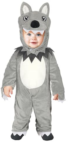 FIESTAS GUIRCA | Kleiner Wolf Kostüm für Babys und Kleinkinder (12-24 Monate) - Einteiler mit Kapuze - Karneval Fasching Halloween Kostüm für Jungen oder Mädchen - Tierkostüm Grau