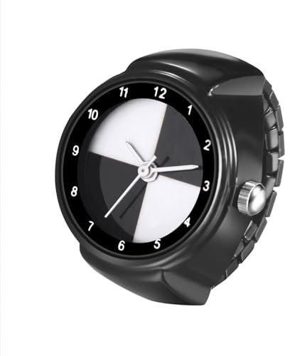 JewelryWe Ringuhr Fingeruhr Elastische Ring: Damen Herren Analog Quarz Fingerringuhr Schwarz Edelstahl Stretchband Uhr Uhrenring mit Schwarz-Weißem Zifferblatt & Zugband