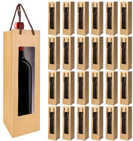 Bolsas para Regalos de Vino, 24 Piezas Bolsas de Papel Kraft para Botellas de vino, Bolsas de Regalo para Botellas con Asa, Bolsa de Papel Kraft para una Botella de Vino, Para Cumpleaños(Marrón)