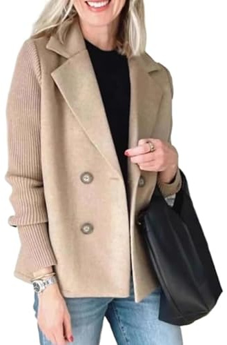 Women's Lapel Button Knitted Patchwork Sleeve Casual Coat, Trendy Double Breasted Pea Coats With Pockets, Winter Blazer Loose Jackets Tops(Khaki,M)