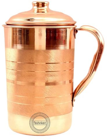 Brocca in rame puro per i benefici per la salute ayurvedici Brocca per acqua in rame artigianale da 1,5 litri con coperchio abbinato | per servire più acqua in famiglia