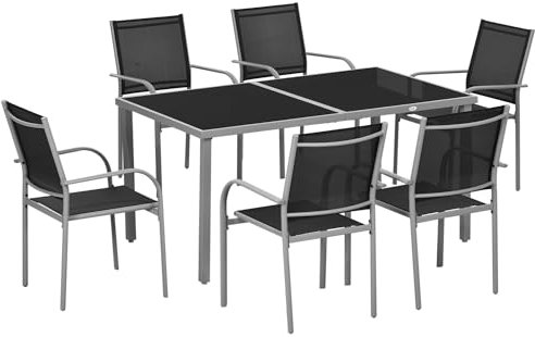 Outsunny Gartenmöbel-Set, 7-teilig, 6 Stühle und 1 Tisch aus Stahl, stapelbare Stühle, Tischplatte aus gehärtetem Glas, schwarz