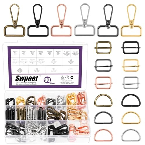 Swpeet 90pcs 6 Farben 25MM Metall D Ring & Rechteck Justierer Triglides Rutschen Schnalle & D Ring Drehbare Hummer Verschluss Kit, Halbkreis D Ringe Rollenstift Schnallen Drehbare Snap Haken