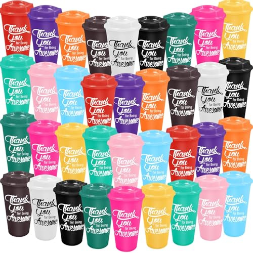 36 Stück Thank you Kaffeebecher set mit Deckel, 470 ml Wiederverwendbare Plastik Kaffeebecher To Go, Trinkbecher als Dankeschön Geschenke für weihnachtsgeschenke Mitarbeiter, Lehrer, Pflegekräfte