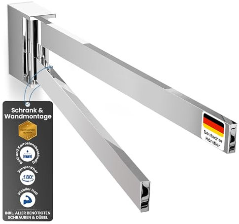 rtmr Handtuchhalter Wandmontage & Schrankmontage, 2-armig, schwenkbar, Chrom, Premium Gästehandtuchhalter aus Aluminium, 42 cm, drehbare Handtuchstange, platzsparend, Ideal für Bad & Gäste-WC