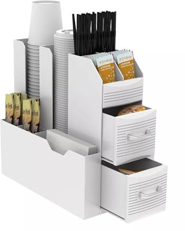2you Coffee Tea Organiser Station Condiment Accessory Caddy Tidy Rack - For Cups Storage Holder Box Stand with Compartments and 2 Drawers - WHITE