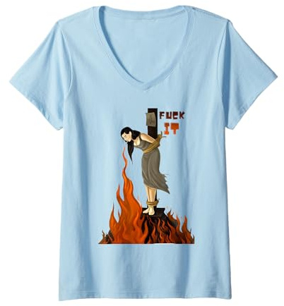 Damen Fuck It Stay Cool Lustige Hexe in Flammen T-Shirt mit V-Ausschnitt