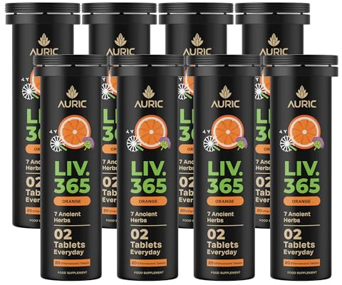 Auric Liv.365 Supplement 160 Tablets Orange Flavour Effervescent Fizzy Water with 10 Ayurvedic Herbs Drop, Dissolve, Fizz, Drink