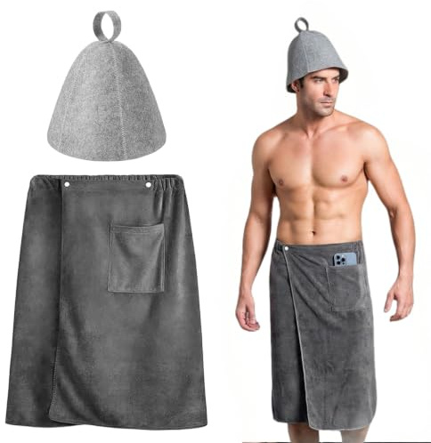 Saunakilt Herren mit einer Filz-Saunamütze, 140×70 cm Saugstark Schnelltrocknendes Saunahandtuch mit Tasche, Elastisch Mikrofaser Saunatuch, Schnapp-Badetuch Kilt für Sauna Fitnessstudio Dusche Strand