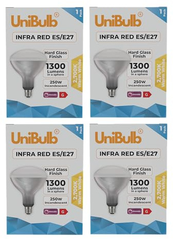 Unibulb Infra-Red Heater Lamp E27 Edison Screw (ES) 1300 Lumens 250W Heat Lamp Light Bulb, 2700k Warm White, Hard Glass Finish, Dimmable (4)