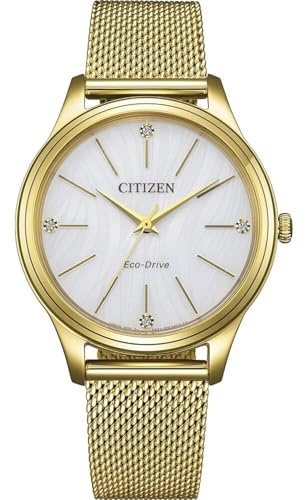 Citizen Eco-Drive Damenuhr Edelstahl, Weiß, 34 mm, EM1222-87A | Analog Quartz, Kristallglas, 5 bar Wasserdicht, 180 Tage Gangreserve, Edelstahlband