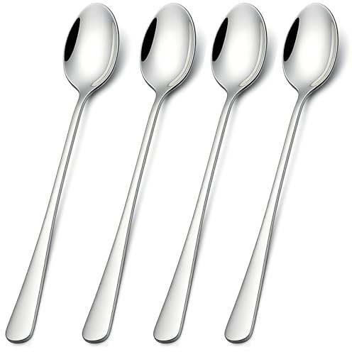 Long Handle Latte Spoons Set of 4 for Sundae Iced Tea Milkshake & Dessert | 7.7 Length, Pointed Bowl, Mirror Polished Stainless Steel, Dishwasher Safe, Fits Tall Glasses & Deep Mugs, Set of 4