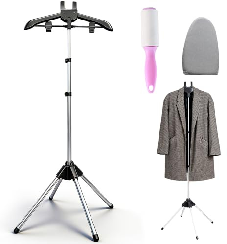 Rppiup Steamer Stand, Folding Telescopic clothes steamer stand With Hair roller & Ironing Gloves, Height Adjustable Garment Steamer Rack, Handheld Clothes Hanger for Home Steam Ironing Shirts (Black)