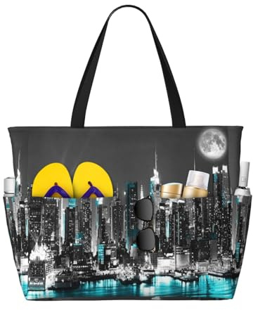 New York Paintings Print Große wasserdichte Strandtasche für Frauen mit Reißverschluss und Taschen Faltbare Handtasche für Reisen Pool Einkaufen Urlaub Fitnessstudio