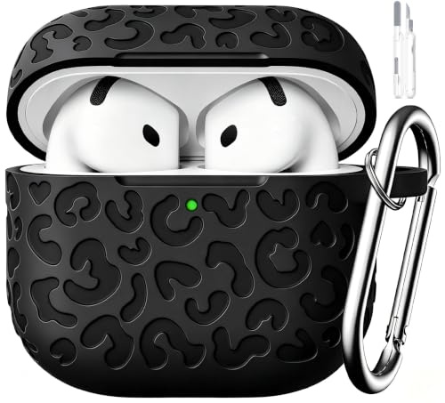 TNSNK Custodia protettiva per AirPods 4 (2024), custodia protettiva in morbido silicone con incisione leopardata con portachiavi e kit di pulizia, supporto per ricarica wireless (nero)