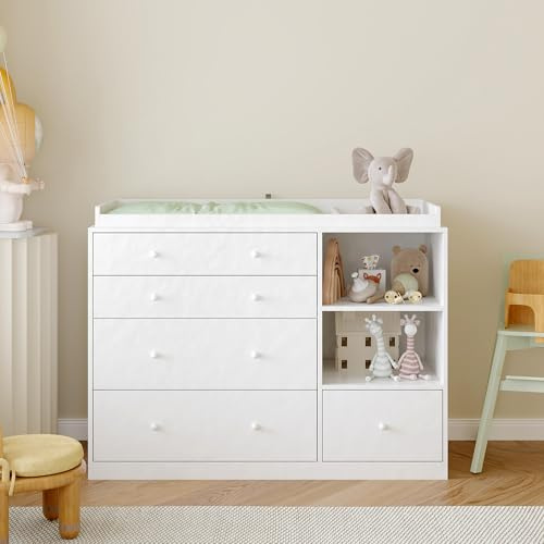 Caldion Commode à langer avec table à langer blanche, commode pour bébé avec 5 tiroirs et surface de rangement, commode de rangement pour chambre de bébé, 120 x 50 x 85 cm