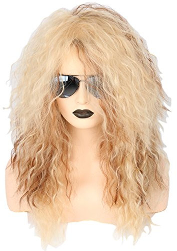 Topcosplay 70er 80er Jahre Mullet Perücke Blond für Herren Damen, Rocker Lockige Perücken Lang für Halloween Kostüm Fasching