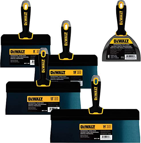 DEWALT Blue Steel Big Back Taping Knife 4-Pack + Free Bonus 6 Soft Grip Putty Knife | 8/10/12/14-Inches | Soft Grip Handles | DXTT-3-161