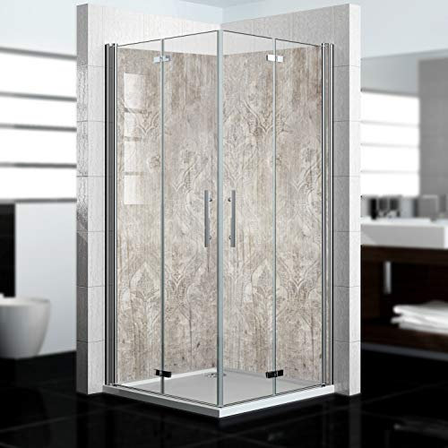 dedeco Eck-Duschrückwand wasserfest mit Holz V2 Motiv UV-Lack matt - 2 x 90x200 cm, als Badrückwand zum Fliesenersatz, als Dekorwand, Wandverkleidung und Duschplatte aus Aluminium - Made in Germany