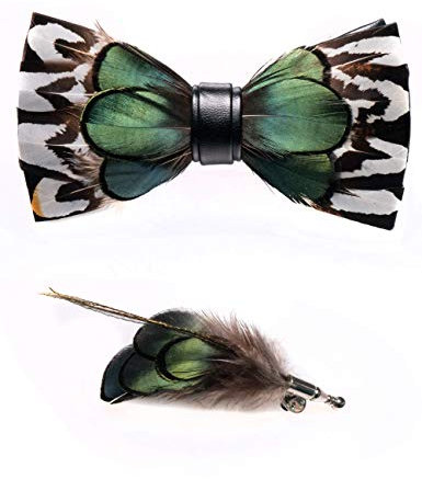 JEMYGINS Handgemacht Hochzeit Party Leder Feder Fliege Grün Weiß Fliegen mit Geschenkbox Set für Herren In mehreren Farben(18)