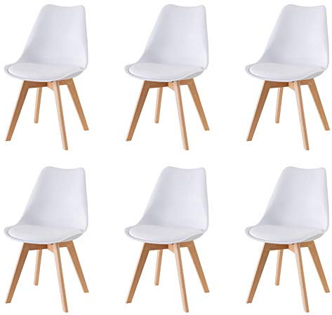Baroni Home ESS- oder Bürostuhl mit Holzbeinen aus Buche, Ergonomischer Kunststoffstuhl mit integrierten Kissen, 50X48X82 cm (Weiß, 6)