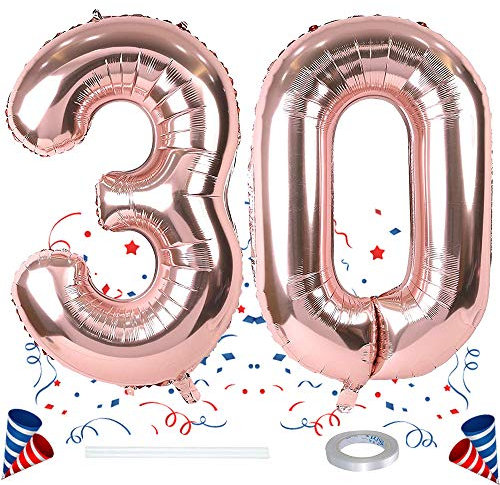 Palloncini per 30° compleanno, con elio color oro rosa, numero 30 palloncini per feste con nastro, grandi 101,6 cm, 30 palloncini in lamina per ragazze, ragazzi, donne, uomini, 30° anniversario