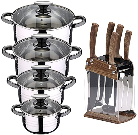 San Ignacio Bateria de cocina 8 piezas apta para induccion Hita en acero inoxidable con set de 6 cuchillos de acero inoxidable con tacoma, PK3224