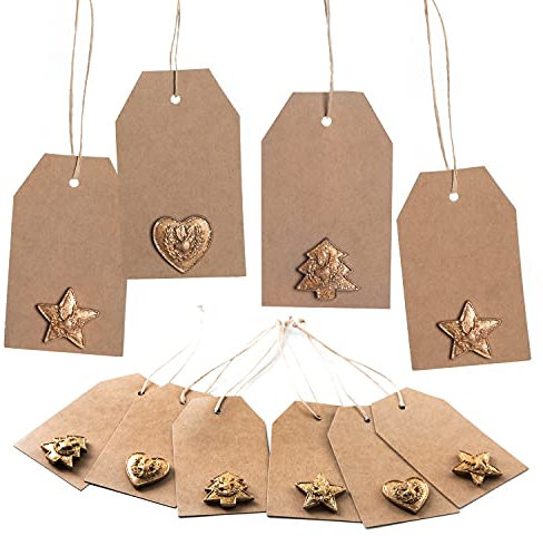Logbuch-Verlag 12 Weihnachtsetiketten aus Kraftpapier mit Weihnachtsdeko gold braun - Geschenkanhänger weihnachtlich zum Beschriften