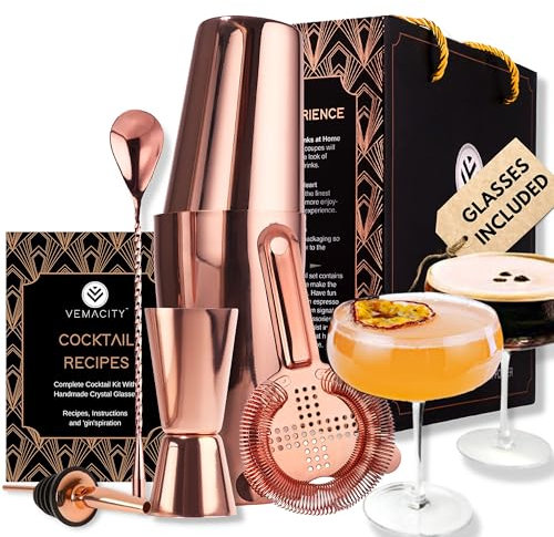 Elegante coctelera Profesional con 2 Vasos Cocktail de Martini. Juego de Coctelera de Oro Rosa, Accesorios de cóctel y Copas de cóctel. Preciosa Caja de Regalo + Guia de Recetas del Mixólogo