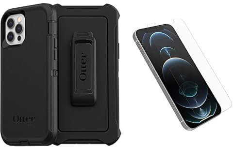 OtterBox Defender - robuste, sturzsichere und 3-lagige Schutzhülle für Apple iPhone 12/12 Pro, schwarz - 6.1 Zoll & Displayschutz aus gehärtetem Glas, Performance Glass, Transparent