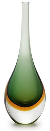 Cá d'Oro Kleine Glasvase, zweifarbig, grün/bernsteinfarben, mundgeblasen, Murano-Stil, Kunstglas – Modell hoch