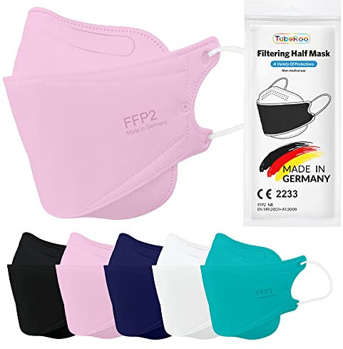 TubeRoo FFP2 Lot de 5 masques roses en forme de poisson - Fabriqué en Allemagne - Certifié CE - Boucles d'oreilles souples - Bande élastique - Masque respiratoire - Masque de poisson