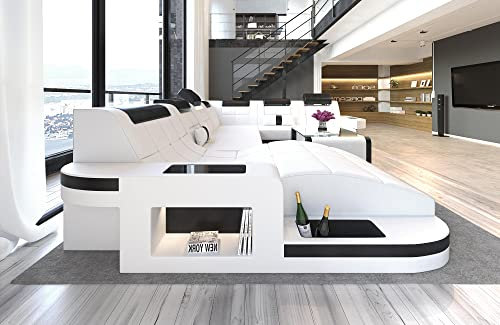 Wohnlandschaft Wave XXL Sofa U Form in Leder - mit LED Beleuchtung, verstellbare Kopfstützen, Recamiere/Lederfarben wählbar/Ausrichtung wählbar (Ottomane Links, Weiß-Schwarz)