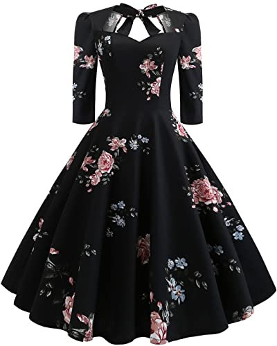 Abendkleider Elegant für Hochzeit Rockabilly Kleider Damen 50er Jahre Vintage 3/4 Ärmel Knielang Coctailkleid Swing Petticoat Kleid Festlich Hochzeitsgäste Partykleid Abschlusskleid Schwarz Blume L